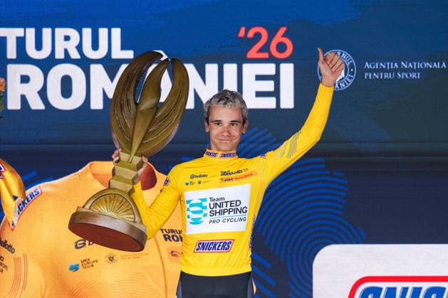September 13, 2026, CYCLING TOUR OF ROMANIA, Stage 5 Bucharest Circuit 100 km, Bucuresti VAS Barnabas (HUN) from TEAM UNITED SHIPPING, winner of the 2026 Cycling Tour Of Romania portrait image with the special made trophy in memory of the Romanian sculptor Constantin Brancusi.