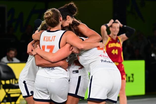 Dutch players celebrate after winning a final game of 3x3 basketball between Netherlands and Spain, the final of the women s FIBA 3x3 Europe Cup, on Sunday 13 September 2026 in Antwerp. DIRKxWAEM  x186254843x
