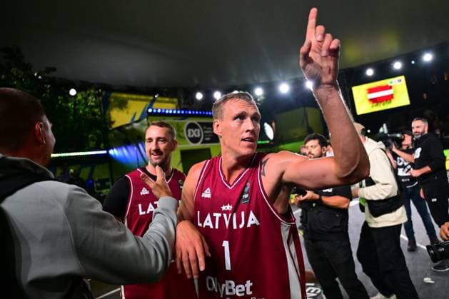 Team Latvia celebrates after winning the final game of the 3x3 basketball between Netherlands and Latvia at the men s FIBA 3x3 Europe Cup, on Sunday 13 September 2026 in Antwerp. DIRKxWAEM  x186254797x