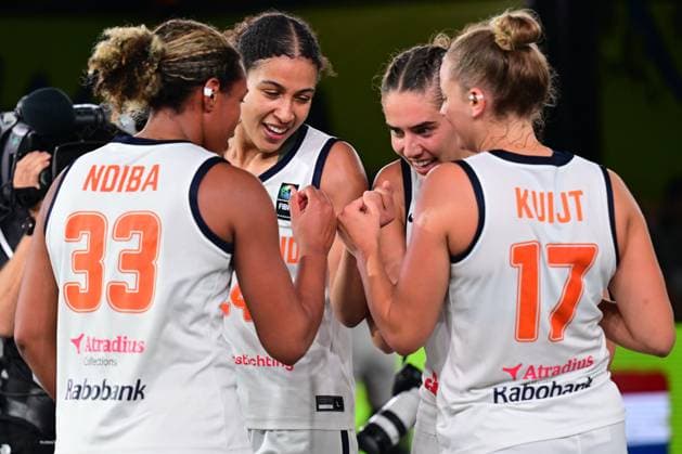 Dutch players celebrate after winning a final game of 3x3 basketball between Netherlands and Spain, the final of the women s FIBA 3x3 Europe Cup, on Sunday 13 September 2026 in Antwerp. DIRKxWAEM  x186254837x