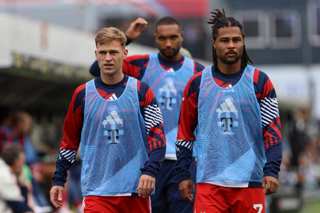 Joshua Kimmich of FC Bayern Munich and Serge Gnabry of FC Bayern Munich watch during the Bundesliga match between SV Elversberg and FC Bayern Munich at the Ursapharm Arena on September 13, 2026, in Spiesen-Elversberg, Germany. Photo by Oliver Kaelke, DeFodi Images. Joshua Kimmich of FC Bayern Munich and Serge Gnabry of FC Bayern Munich look on during the Bundesliga match between SV Elversberg and FC Bayern Munich at Ursapharm Arena on September 13, 2026 in Spiesen-Elversberg, Germany. Photo by Oliver Kaelke, DeFodi Images. DFB and DFL regulations prohibit any use of photographs as image sequences and or quasi-video. Photo by Oliver Kaelke, DeFodi Images.