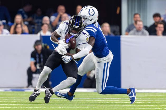 September 13, 2026, Indianapolis, Indiana, U.S: Baltimore Ravens wide receiver Zay Flowers (4) catches a pass and is tackled by Indianapolis Colts defensive back Sauce Gardner (1) during the game between the Baltimore Ravens and the Indianapolis Colts at Lucas Oil Stadium, Indianapolis, Indiana. NFL, American Football Herren, USA 2026 Ravens 41-23 Colts  - ZUMAs304 20260913_zaf_s304_012 Copyright: xScottxStuartx