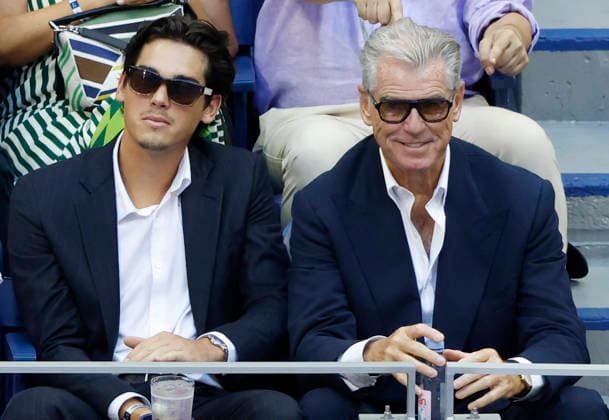 Actor Pierce Brosnan and his son Paris watch the Men s Finals match in Arthur Ashe Stadium at the 2026 US Open Tennis Championship at the USTA Billie Jean King National Tennis Center in New York City on Sunday, September 13, 2026.  NYP20260913710 JOHNxANGELILLO