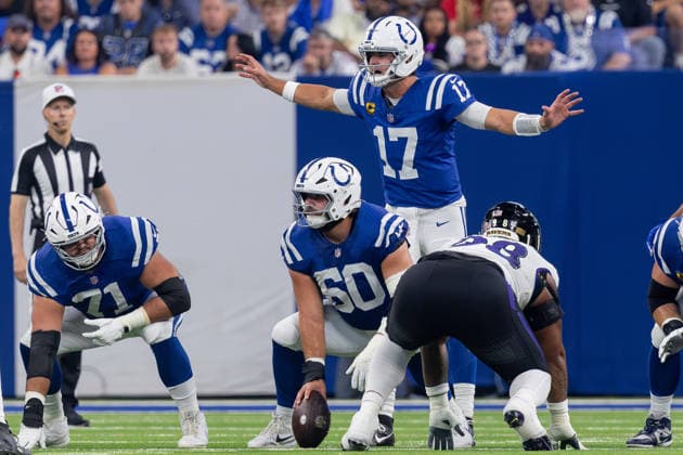 September 13, 2026, Indianapolis, Indiana, U.S: Indianapolis Colts quarterback Daniel Jones (17) changes the play at the line during the game between the Baltimore Ravens and the Indianapolis Colts at Lucas Oil Stadium, Indianapolis, Indiana. NFL, American Football Herren, USA 2026 Ravens 41-23 Colts  - ZUMAs304 20260913_zaf_s304_032 Copyright: xScottxStuartx