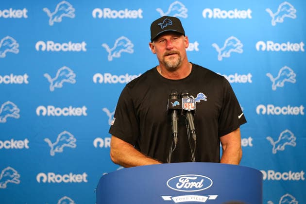 DETROIT, MI - SEPTEMBER 13: Detroit Lions head coach Dan Campbell talks during his post-game press conference, PK, Pressekonferenz following a regular season NFL, American Football Herren, USA football game between the New Orleans Saints and the Detroit Lions on September 13, 2026 at Ford Field in Detroit, Michigan. (Photo by Scott W. Grau Icon Sportswire) NFL: SEP 13 Saints at Lions EDITORIAL USE ONLY Icon26091304