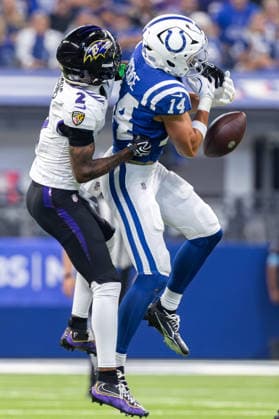 September 13, 2026, Indianapolis, Indiana, U.S: Indianapolis Colts wide receiver Alec Pierce (14) has a pass knocked away by Baltimore Ravens defensive back Nate Wiggins (2) during the game between the Baltimore Ravens and the Indianapolis Colts at Lucas Oil Stadium, Indianapolis, Indiana. NFL, American Football Herren, USA 2026 Ravens 41-23 Colts  - ZUMAs304 20260913_zaf_s304_053 Copyright: xScottxStuartx