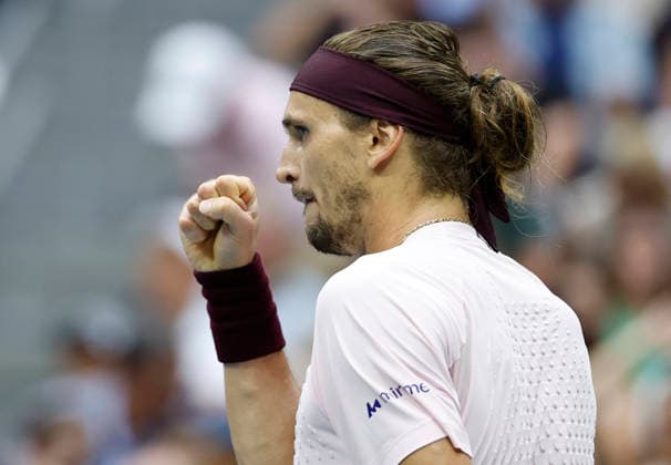 Alexander Zverev of Germany reacts after winning a point against Ben Shelton in the fourth set of the Men s Finals match in Arthur Ashe Stadium at the 2026 US Open Tennis Championship at the USTA Billie Jean King National Tennis Center in New York City on Sunday, September 13, 2026.  NYP20260913853 COREYxSIPKIN
