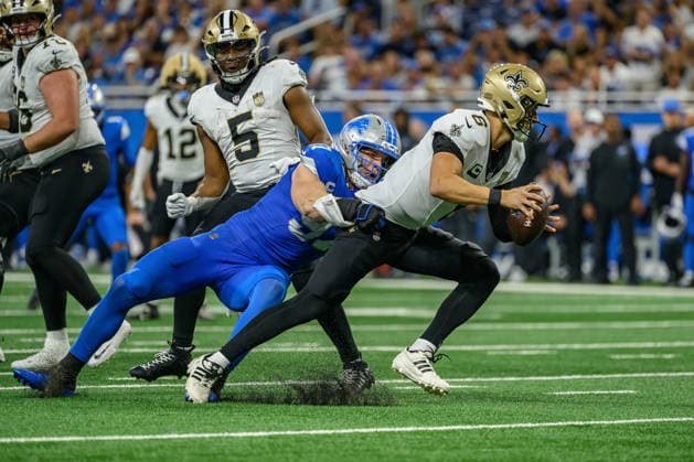 Sep 13, 2026; Detroit, MI, USA; Detroit Lions wide receiver Jameson Williams (1) cannot pull in a long pass at Ford Field. Mandatory Credit: -Cal Media NFL, American Football Herren, USA 2026: Saints Vs Lions SEP 13  - ZUMAc04_ 20260913_zma_c04_302 Copyright: xAllanxDranbergx