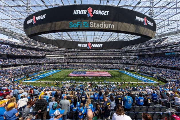 INGLEWOOD, CA - SEPTEMBER 13: An elevated wide angle of the field during the national anthem prior to an NFL, American Football Herren, USA game between the Arizona Cardinals and the Los Angeles Chargers on September 13, 2026, at SoFi Stadium in Inglewood, California. (Photo by Greg Fiore Icon Sportswire) NFL: SEP 13 Cardinals at Chargers EDITORIAL USE ONLY Icon2609130310