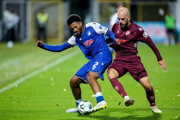 v li Natnael Abraha TSG II, 2, Adrian Stanilewicz Cologne, 20, tackle, game scene, duel, tackle, tackling, dynamic, action, 13 09 2026, Sinsheim, Germany, soccer, 3rd Division, TSG 1899 Hoffenheim II vs. SC Fortuna Cologne, DFB and DFL regulations prohibit any use of photographs as image sequences and or quasi-video xozx