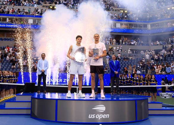 Alexander Zverev of Germany (R) and Ben Shelton pose with their awards after the Men s Finals match in Arthur Ashe Stadium at the 2026 US Open Tennis Championship at the USTA Billie Jean King National Tennis Center in New York City on Sunday, September 13, 2026. Zverev defeated Shelton to win 6-3, 7-6, 5-7, 6-2.  NYP20260913888 COREYxSIPKIN