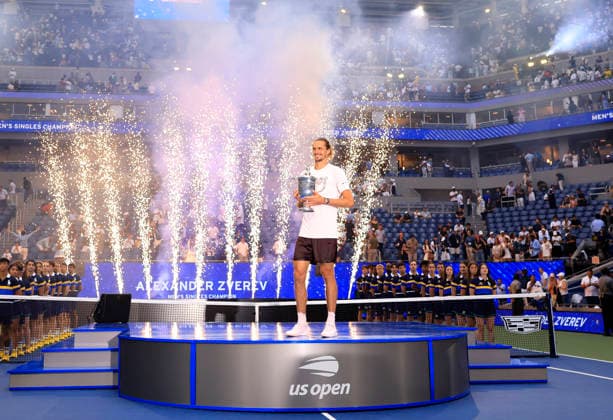 Alexander Zverev of Germany poses with his trophy after the Men s Finals match in Arthur Ashe Stadium at the 2026 US Open Tennis Championship at the USTA Billie Jean King National Tennis Center in New York City on Sunday, September 13, 2026. Zverev defeated Ben Shelton to win 6-3, 7-6, 5-7, 6-2.  NYP20260913889 COREYxSIPKIN