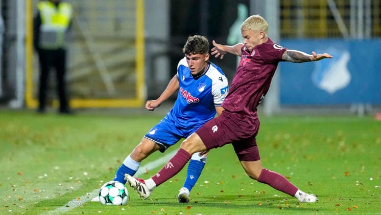v li Matthew Moore TSG II, 15, Tom Geerkens Cologne, 6, tackle, game scene, duel, tackle, tackling, dynamics, action, 13 09 2026, Sinsheim, Germany, soccer, 3rd Division, TSG 1899 Hoffenheim II vs. SC Fortuna Cologne, DFB and DFL regulations prohibit any use of photographs as image sequences and or quasi-video xozx