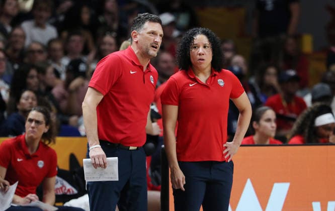 Assistant Coach Nathan Tibbets talks with Coach Cara Lawson; Upper Body Workout; Basketball; FIBA World Cup; Women s World Championship; World Cup Final; 2026–2027 Season; September 13, 2026; France vs. USA