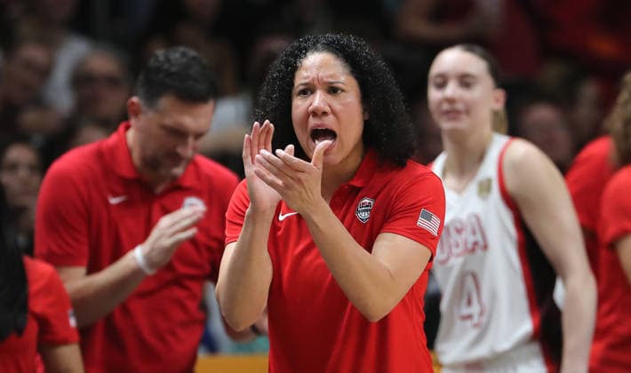 Coach Cara Lawson cheers on Action Upper Body Sports Basketball FIBA World Cup World Championship Women s World Cup Final 2026-2027 Season September 13, 2026 France vs. USA