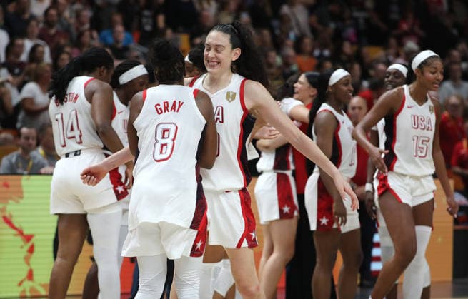 Chelsea Gray and Breanna Stewart cheer and celebrate the World Cup; Team USA World Champions; Joy; Emotion; Sports; Basketball; FIBA World Cup; Women s World Cup; World Championship; Final; 2026-2027 Season; September 13, 2026; France vs. USA