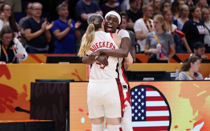 Paige Bueckers and Kahleah Copper cheer and celebrate the World Championship; Team USA World Champions; Joy; Emotion; Sports; Basketball; FIBA World Cup; World Championship; Women s World Championship; World Championship Final; 2026–2027 Season; September 13, 2026; France vs. USA