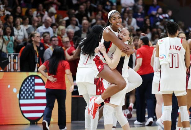 Angel Reese and Paige Bueckers cheer and celebrate the World Championship; Team USA World Champions; Joy; Emotion; Sports; Basketball; FIBA World Cup; World Championship; Women s World Championship; World Championship Final; 2026–2027 Season; September 13, 2026; France vs. USA