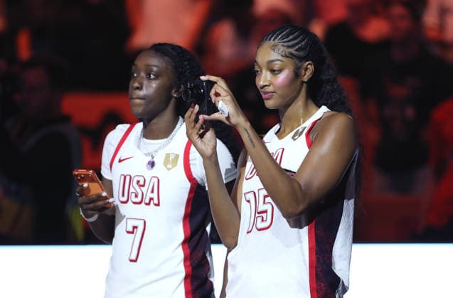 Kahleah Copper and Angel Reese film the MVP award ceremony for Breanna Stewart; Team USA World Champions; Joy; Emotion; Sports; Basketball; FIBA World Cup; World Championship; Women s World Championship; World Championship Final; 2026–2027 season; September 13, 2026; France vs. USA