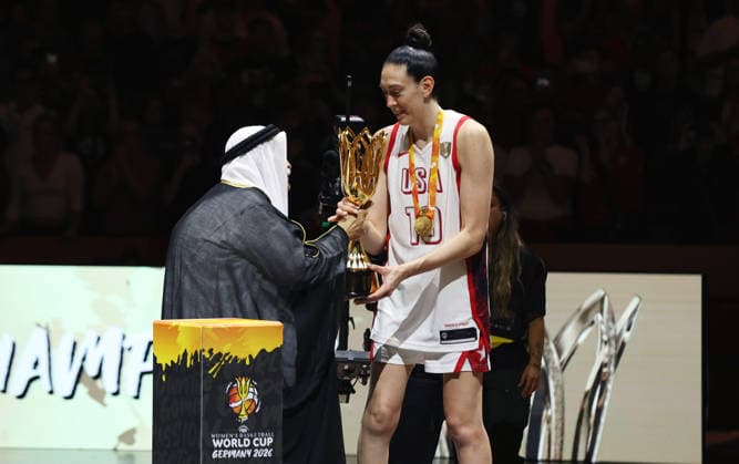 Breanna Stewart accepts the World Cup trophy; Team USA, World Champions; Joy; Emotion; Sports; Basketball; FIBA World Cup; World Championship; Women s World Cup; World Cup Final; 2026–2027 Season; September 13, 2026; France vs. USA