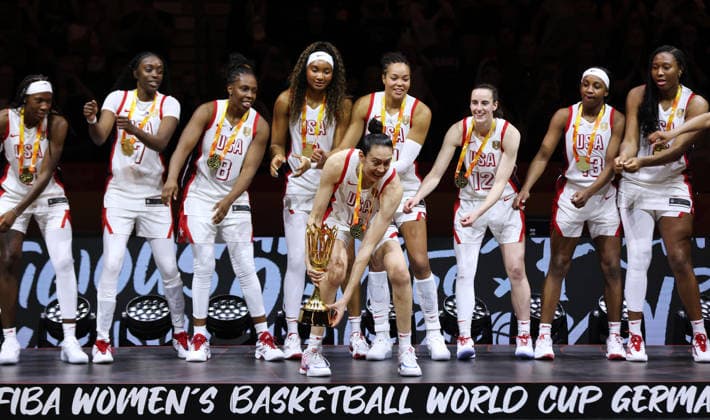 Breanna Stewart with the World Cup trophy, Team USA World Champions, Joy, Emotion, Sports, Basketball, FIBA World Cup, Women s World Championship, World Cup Final, 2026–2027 Season, September 13, 2026, France vs. USA