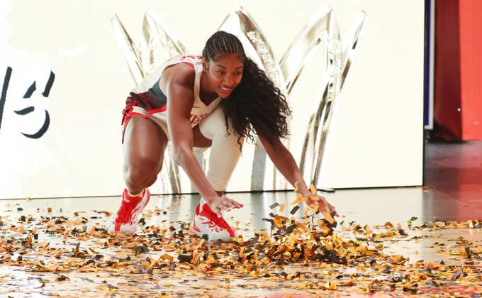 Angel Reese plays with gold tinsel, celebrates the World Cup; Team USA, World Champions, Joy, Emotion, Sports, Basketball, FIBA World Cup, World Championship, Women s World Cup, Final, 2026-2027 Season, September 13, 2026, France vs. USA