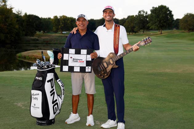 FRANKLIN, TN - SEPTEMBER 13: Alvaro Ortiz of Mexico poses with his caddie and the championship trophy guitar after winning the Simmons Bank Open for the Snedeker Foundation, September 13, 2026 at Vanderbilt Legends Club in Franklin, Tennessee. (Photo by Matthew Maxey Icon Sportswire) GOLF: SEP 13 Korn Ferry Tour Simmons Bank Open EDITORIAL USE ONLY Icon260913039