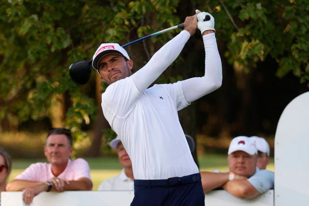 FRANKLIN, TN - SEPTEMBER 13: Alvaro Ortiz of Mexico watches his tee shot on No. 18 during the final round of the Simmons Bank Open for the Snedeker Foundation, September 13, 2026 at Vanderbilt Legends Club in Franklin, Tennessee. (Photo by Matthew Maxey Icon Sportswire) GOLF: SEP 13 Korn Ferry Tour Simmons Bank Open EDITORIAL USE ONLY Icon260913042