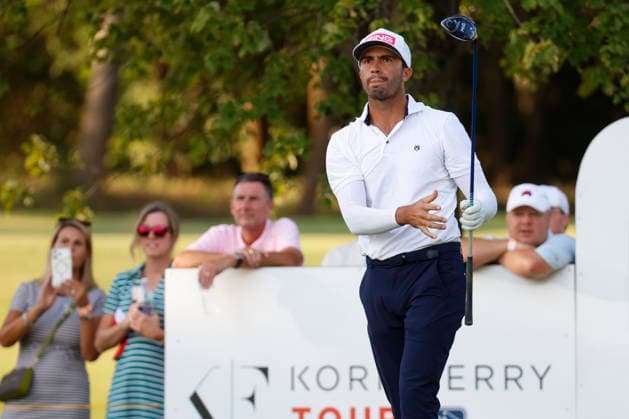 FRANKLIN, TN - SEPTEMBER 13: Alvaro Ortiz of Mexico sticks his tongue out as he watches his tee shot on No. 18 during the final round of the Simmons Bank Open for the Snedeker Foundation, September 13, 2026 at Vanderbilt Legends Club in Franklin, Tennessee. (Photo by Matthew Maxey Icon Sportswire) GOLF: SEP 13 Korn Ferry Tour Simmons Bank Open EDITORIAL USE ONLY Icon260913043