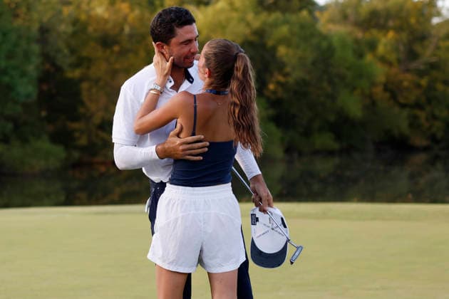 FRANKLIN, TN - SEPTEMBER 13: Alvaro Ortiz of Mexico is greeted by his girlfriend Georgia Gerber on the green after his win in the final round of the Simmons Bank Open for the Snedeker Foundation, September 13, 2026 at Vanderbilt Legends Club in Franklin, Tennessee. (Photo by Matthew Maxey Icon Sportswire) GOLF: SEP 13 Korn Ferry Tour Simmons Bank Open EDITORIAL USE ONLY Icon260913045