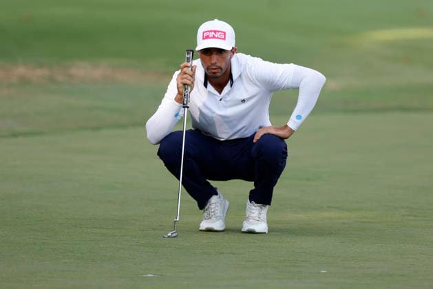 FRANKLIN, TN - SEPTEMBER 13: Alvaro Ortiz of Mexico squats to read a putt on the No. 7 green during the final round of the Simmons Bank Open for the Snedeker Foundation, September 13, 2026 at Vanderbilt Legends Club in Franklin, Tennessee. (Photo by Matthew Maxey Icon Sportswire) GOLF: SEP 13 Korn Ferry Tour Simmons Bank Open EDITORIAL USE ONLY Icon260913049