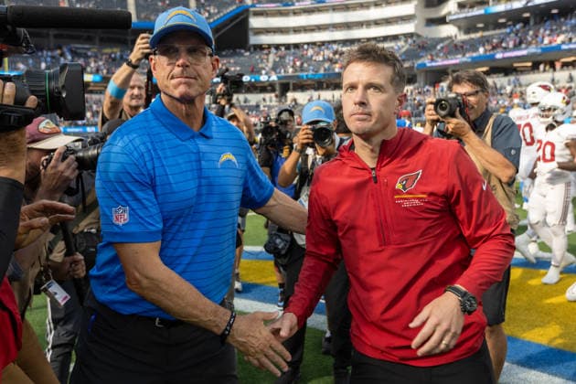 INGLEWOOD, CA - SEPTEMBER 13: Head coach Mike LaFleur of the Arizona Cardinals greets head coach Jim Harbaugh of the Los Angeles Chargers following an NFL, American Football Herren, USA game between the Arizona Cardinals and the Los Angeles Chargers on September 13, 2026, at SoFi Stadium in Inglewood, California. (Photo by Greg Fiore Icon Sportswire) NFL: SEP 13 Cardinals at Chargers EDITORIAL USE ONLY Icon2609132451
