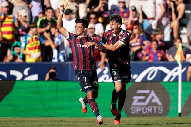 September 13, 2026, Valencia, Spain: Roger Bruguo and Dani Requena (UD Levante) seen in action celebrating after scoring goal during LaLiga EA SPORTS 2026 2027 game between teams of UD Levante and FC Barcelona, Barca .Final Score: UD Levante 2- 4 FC Barcelona. LaLiga EA SPORTS 2026 2027 - UD Levante And FC Barcelona: Valencia, Spain - 13 Sep 2026  - ZUMAs197 20260913_aaa_s197_194 Copyright: xMaciejxRogowskix