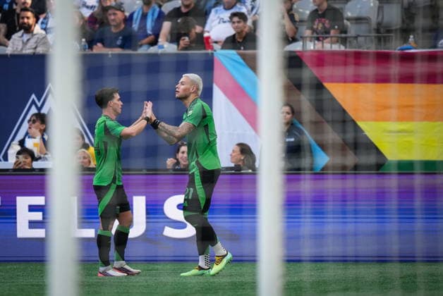 September 13, 2026, Vancouver, Bc, CANADA: Austin FC s Christian Ramirez, right, celebrates his goal with teammate Jorge Alastuey during the first half of an MLS, Fussball Herren, USA soccer match against the Vancouver Whitecaps, in Vancouver, on Sunday, Sept. 13, 2026. Canada News - September 13, 2026  - ZUMAc35_ 20260913_zaf_c35_125 Copyright: xDarrylxDyckx