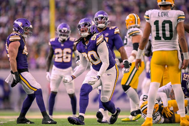 MINNEAPOLIS, MN - SEPTEMBER 13: Minnesota Vikings defensive tackle Tyrion Ingram-Dawkins (90) celebrates his tackle for loss during the fourth quarter of a NFL, American Football Herren, USA game between the Minnesota Vikings and Green Bay Packers on September 13, 2026, at U.S. Bank Stadium in Minneapolis MN. (Photo by Nick Wosika Icon Sportswire) NFL: SEP 13 Packers at Vikings EDITORIAL USE ONLY Icon20260913023