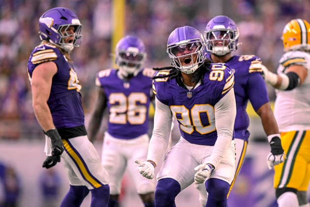 MINNEAPOLIS, MN - SEPTEMBER 13: Minnesota Vikings defensive tackle Tyrion Ingram-Dawkins (90) celebrates his tackle for loss during the fourth quarter of a NFL, American Football Herren, USA game between the Minnesota Vikings and Green Bay Packers on September 13, 2026, at U.S. Bank Stadium in Minneapolis MN. (Photo by Nick Wosika Icon Sportswire) NFL: SEP 13 Packers at Vikings EDITORIAL USE ONLY Icon20260913024