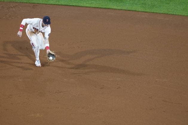 Boston Red Sox shortstop Trevor Story fields the ball during the seventh inning against the Kansas City Royals at Fenway Park in Boston, Massachusetts on Sunday, September 13, 2026.  BOP20260913025 CJxGUNTHER