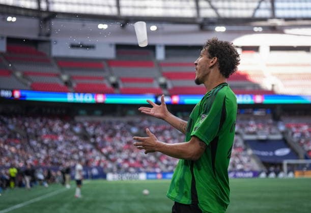 September 13, 2026, Vancouver, Bc, CANADA: Austin FC s Guilherme Biro has a drink thrown at him by a spectator as he walks off the field after receiving his second yellow card resulting in a red card, during the second half of an MLS, Fussball Herren, USA soccer match against the Vancouver Whitecaps, in Vancouver, on Sunday, Sept. 13, 2026. Canada News - September 13, 2026  - ZUMAc35_ 20260913_zaf_c35_169 Copyright: xDarrylxDyckx