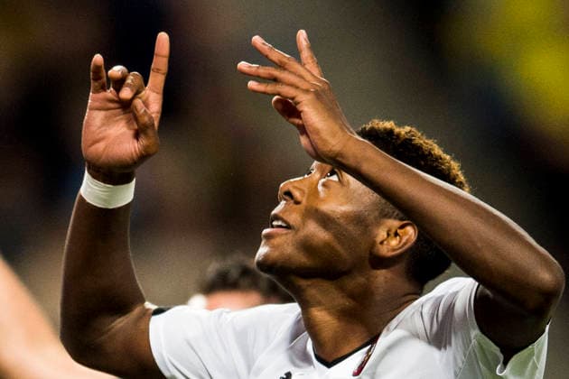 Austrias David Alaba celebrates after scoring the 0-1 goal during the European Championship qualifying soccer match between Sweden and Austria on September 8, 2015, in Stockholm, Sweden  Copyright: xPetterxArvidsonx