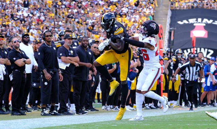 Sep 13, 2026; DK Metcalf 4 during the Pittsburgh Steelers vs Atlanta Falcons game in Pittsburgh, Pennsylvania, USA; at Acrisure Stadium. Mandatory Credit: -Cal Media NFL, American Football Herren, USA 2026: Falcons Vs Steelers SEP 13  - ZUMAcp5_ 20260913_faf_cp5_173 Copyright: xJasonxPohuskix