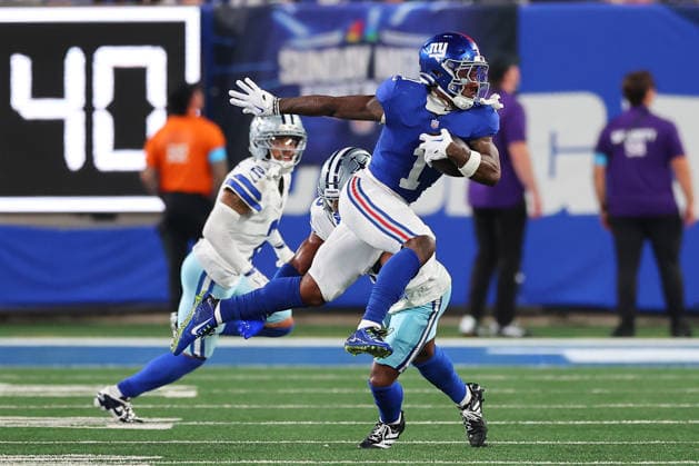 EAST RUTHERFORD, NJ - SEPTEMBER 13: Malik Nabers 1 of the New York Giants runs after the catch during the third quarter of the game against the Dallas Cowboys on September 13, 2026 at MetLife Stadium in East Rutherford, New Jersey. (Photo by Rich Graessle Icon Sportswire) NFL, American Football Herren, USA SEP 13 Cowboys at Giants EDITORIAL USE ONLY Icon26091331706