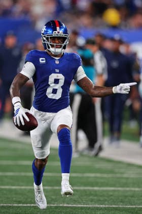 EAST RUTHERFORD, NJ - SEPTEMBER 13: Jevon Holland 8 of the New York Giants reacts after he intercepts a pass during the game against the Dallas Cowboys on September 13, 2026 at MetLife Stadium in East Rutherford, New Jersey. (Photo by Rich Graessle Icon Sportswire) NFL, American Football Herren, USA SEP 13 Cowboys at Giants EDITORIAL USE ONLY Icon26091331711