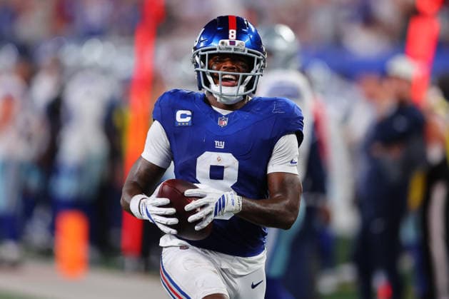 EAST RUTHERFORD, NJ - SEPTEMBER 13: Jevon Holland 8 of the New York Giants reacts after he intercepts a pass during the game against the Dallas Cowboys on September 13, 2026 at MetLife Stadium in East Rutherford, New Jersey. (Photo by Rich Graessle Icon Sportswire) NFL, American Football Herren, USA SEP 13 Cowboys at Giants EDITORIAL USE ONLY Icon26091331712