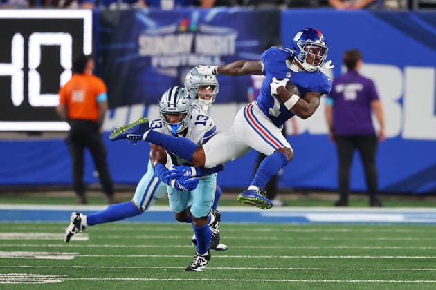EAST RUTHERFORD, NJ - SEPTEMBER 13: Malik Nabers 1 of the New York Giants runs after the catch during the third quarter of the game against the Dallas Cowboys on September 13, 2026 at MetLife Stadium in East Rutherford, New Jersey. (Photo by Rich Graessle Icon Sportswire) NFL, American Football Herren, USA SEP 13 Cowboys at Giants EDITORIAL USE ONLY Icon26091331716