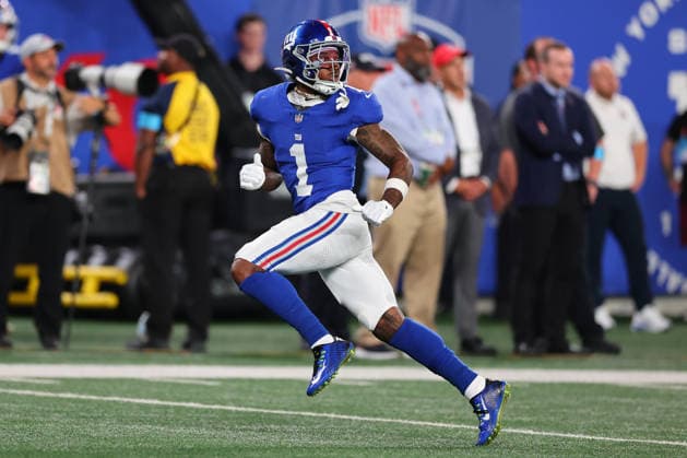 EAST RUTHERFORD, NJ - SEPTEMBER 13: Malik Nabers 1 of the New York Giants during the game against the Dallas Cowboys on September 13, 2026 at MetLife Stadium in East Rutherford, New Jersey. (Photo by Rich Graessle Icon Sportswire) NFL, American Football Herren, USA SEP 13 Cowboys at Giants EDITORIAL USE ONLY Icon26091331719