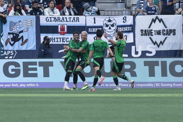Facundo Torres, Christian Ramirez, Jorge Alastuey and Jon Gallagher seen celebrating a goal during MLS, Fussball Herren, USA game between teams of Vancouver Whitecaps FC and Austin FC(Gael Amador Ball Raw Images) Vancouver BC Place Canada Copyright: xGaelxAmadorx Whitecaps_Austin0067