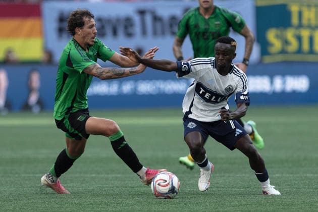 Cheick Sabaly and Guilherme Biro seen during MLS, Fussball Herren, USA game between teams of Vancouver Whitecaps FC and Austin FC(Gael Amador Ball Raw Images) Vancouver BC Place Canada Copyright: xGaelxAmadorx Whitecaps_Austin0084
