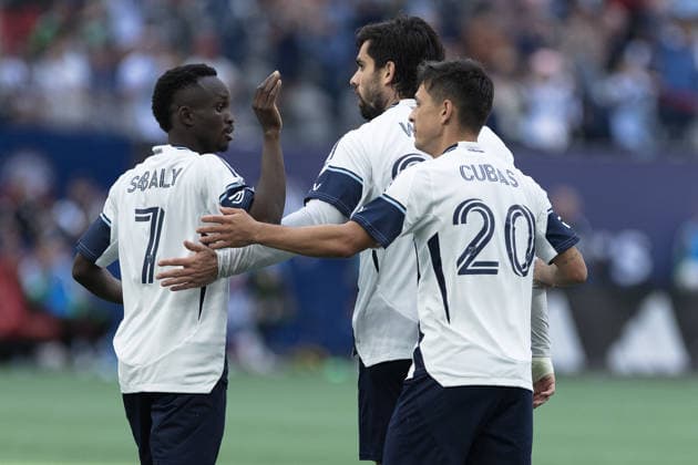 Brian White, Cheick Sabaly and AndrÃ s Cubas celebrating a goal during MLS, Fussball Herren, USA game between teams of Vancouver Whitecaps FC and Austin FC(Gael Amador Ball Raw Images) Vancouver BC Place Canada Copyright: xGaelxAmadorx Whitecaps_Austin0098