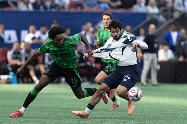 Brian White and Jon Bell seen during MLS, Fussball Herren, USA game between teams of Vancouver Whitecaps FC and Austin FC(Gael Amador Ball Raw Images) Vancouver BC Place Canada Copyright: xGaelxAmadorx Whitecaps_Austin0112