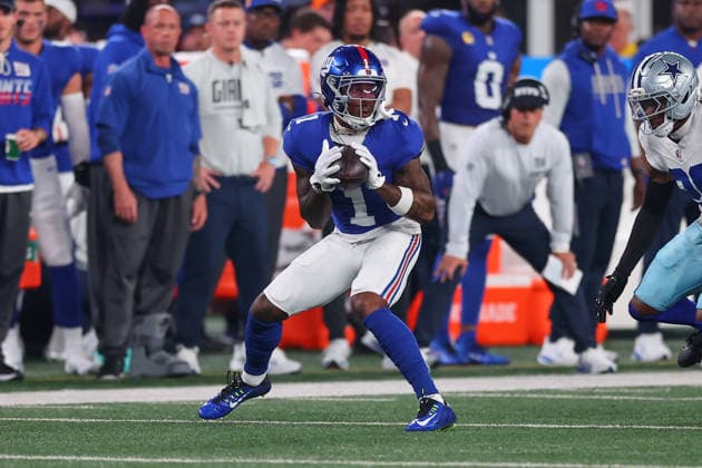 EAST RUTHERFORD, NJ - SEPTEMBER 13: Malik Nabers 1 of the New York Giants makes a catch during the game against the Dallas Cowboys on September 13, 2026 at MetLife Stadium in East Rutherford, New Jersey. (Photo by Rich Graessle Icon Sportswire) NFL, American Football Herren, USA SEP 13 Cowboys at Giants EDITORIAL USE ONLY Icon26091331748